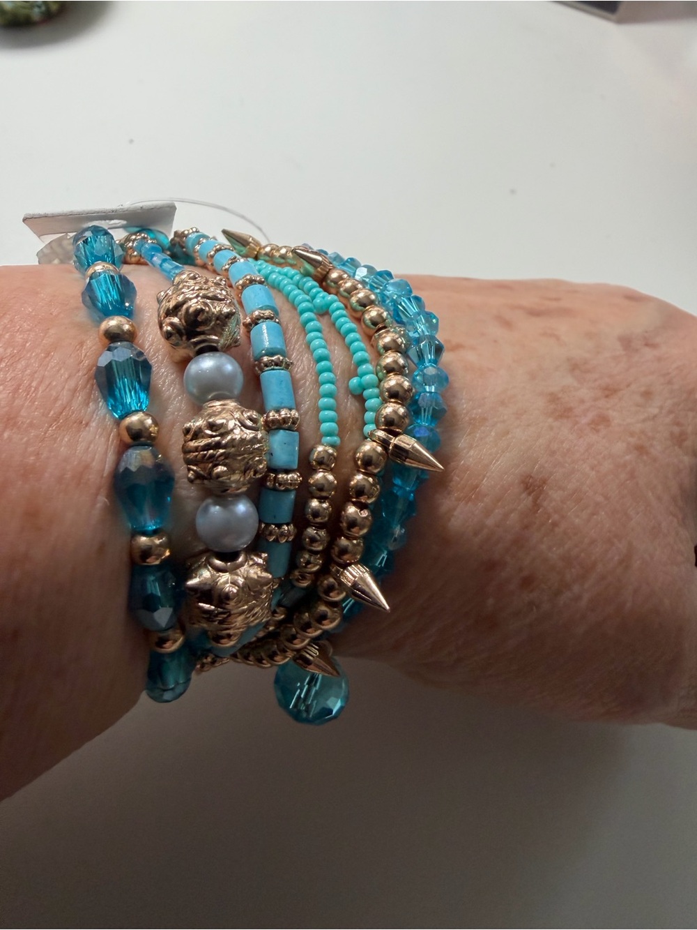 Source Unknown Turquoise and Gold Mixed Bead Stackable Bracelet Set
